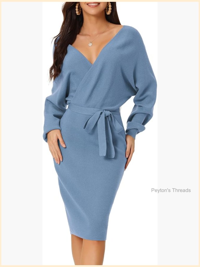 Women's V Neck Sweater Dress Batwing Sleeve Wrap Backless Midi With Belted